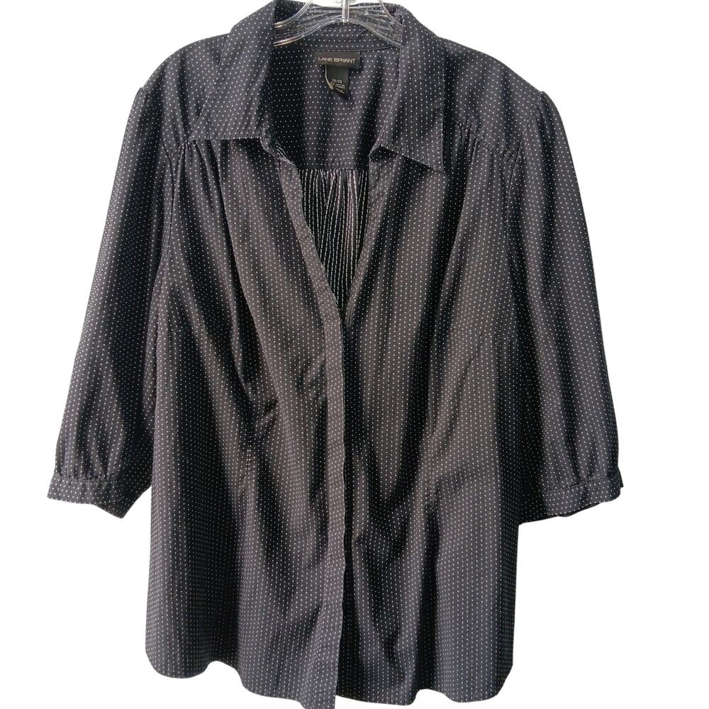 Lane Bryant Blouse 22/24 Black White Dots 3/4 Sleeve Button-Up Cotton